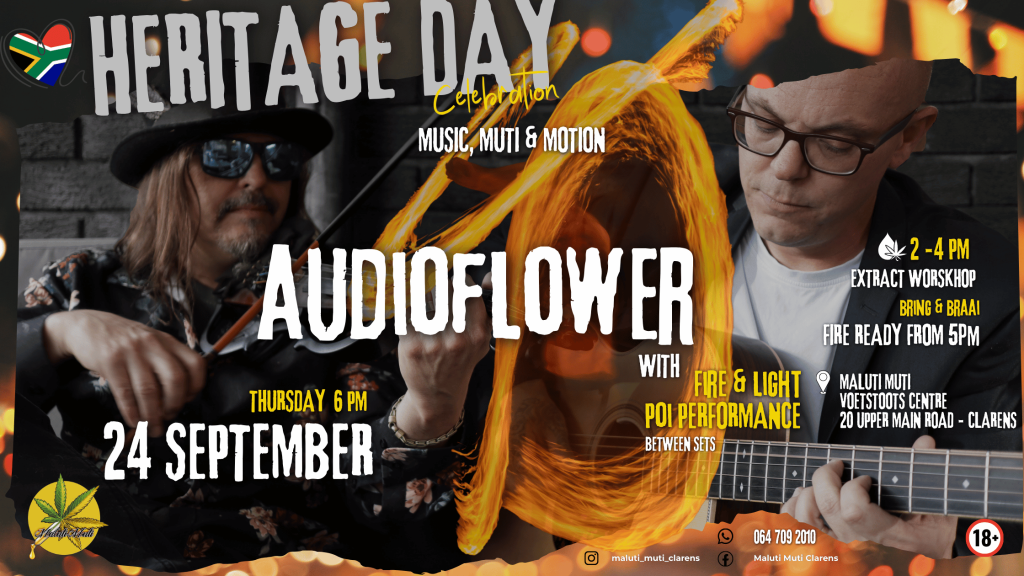 Maluti Muti Clarens Heritage Day event poster with Audioflower live music, fire poi performances, botanical extracts workshop, and braai details at 20 Upper Main Road.